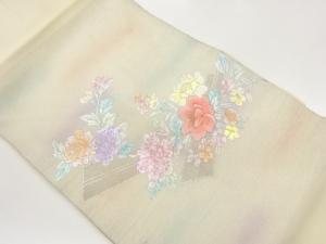 銀彩扇子に牡丹模様刺繍名古屋帯